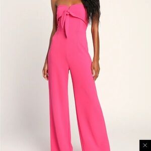 Ready to impress Hot-Pink strapless tie front wide leg jumpsuit